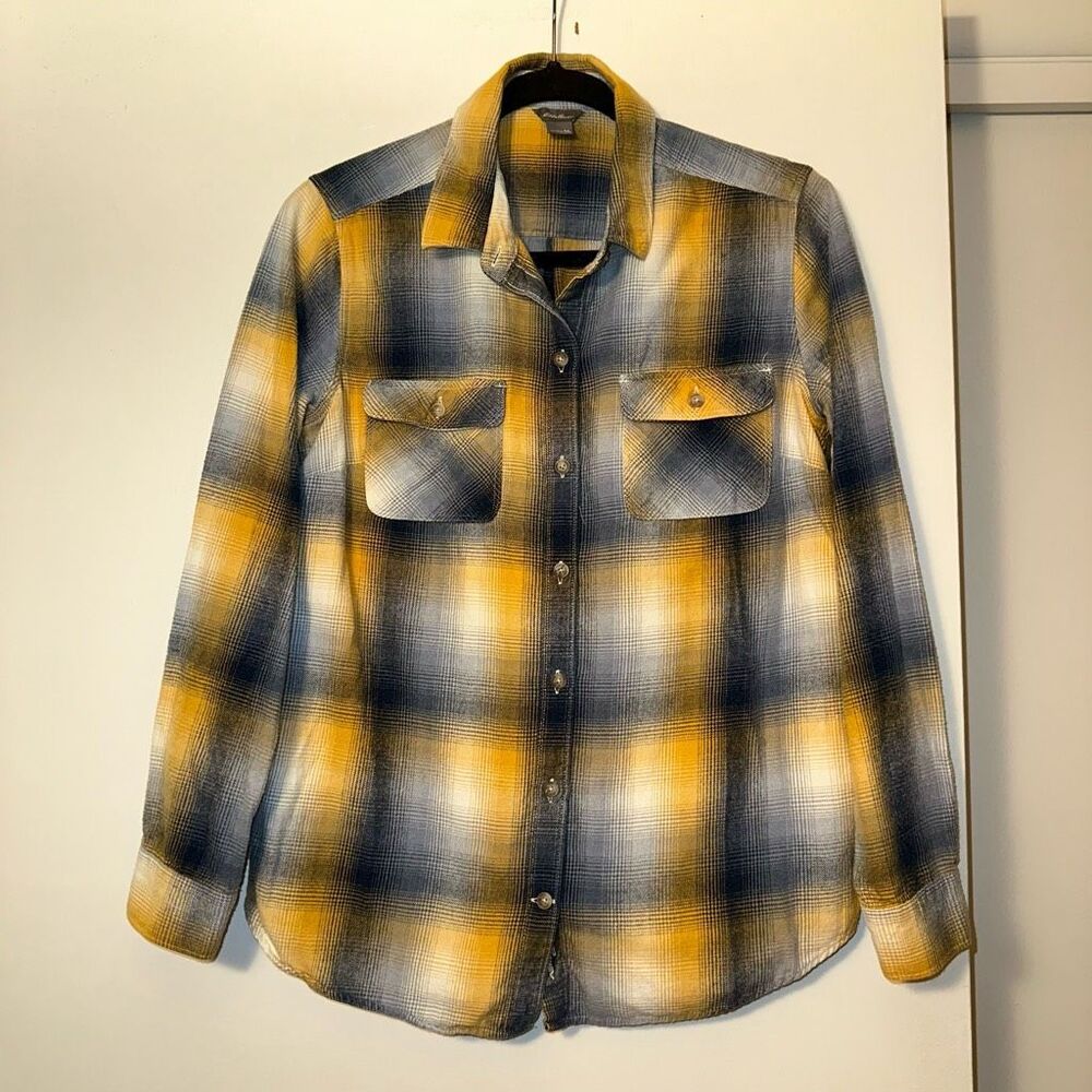Eddie Bauer Medium Button Down Long Sleeve Flannel Womens Shirt Navy Yellow NWOT